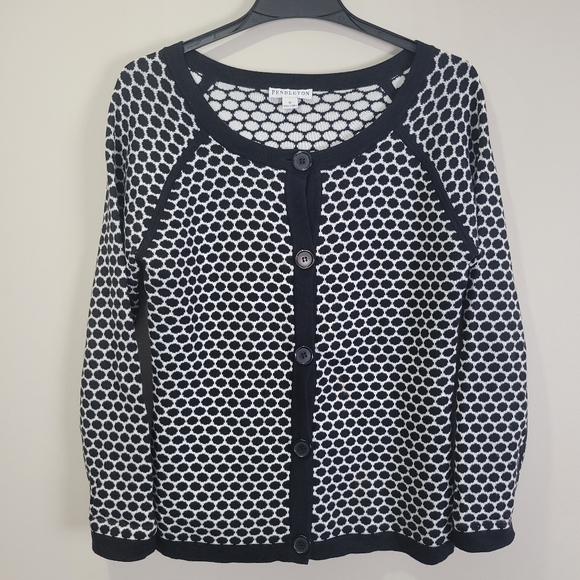 Pendleton Cardigan Sweater 100% Cotton Womens Medium Black White Button Front - Picture 2 of 7